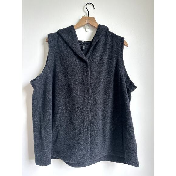 NWOT Eileen Fisher Boucle Wool Knit Hooded Vest Gray Black 2x Plus - Picture 1 of 7